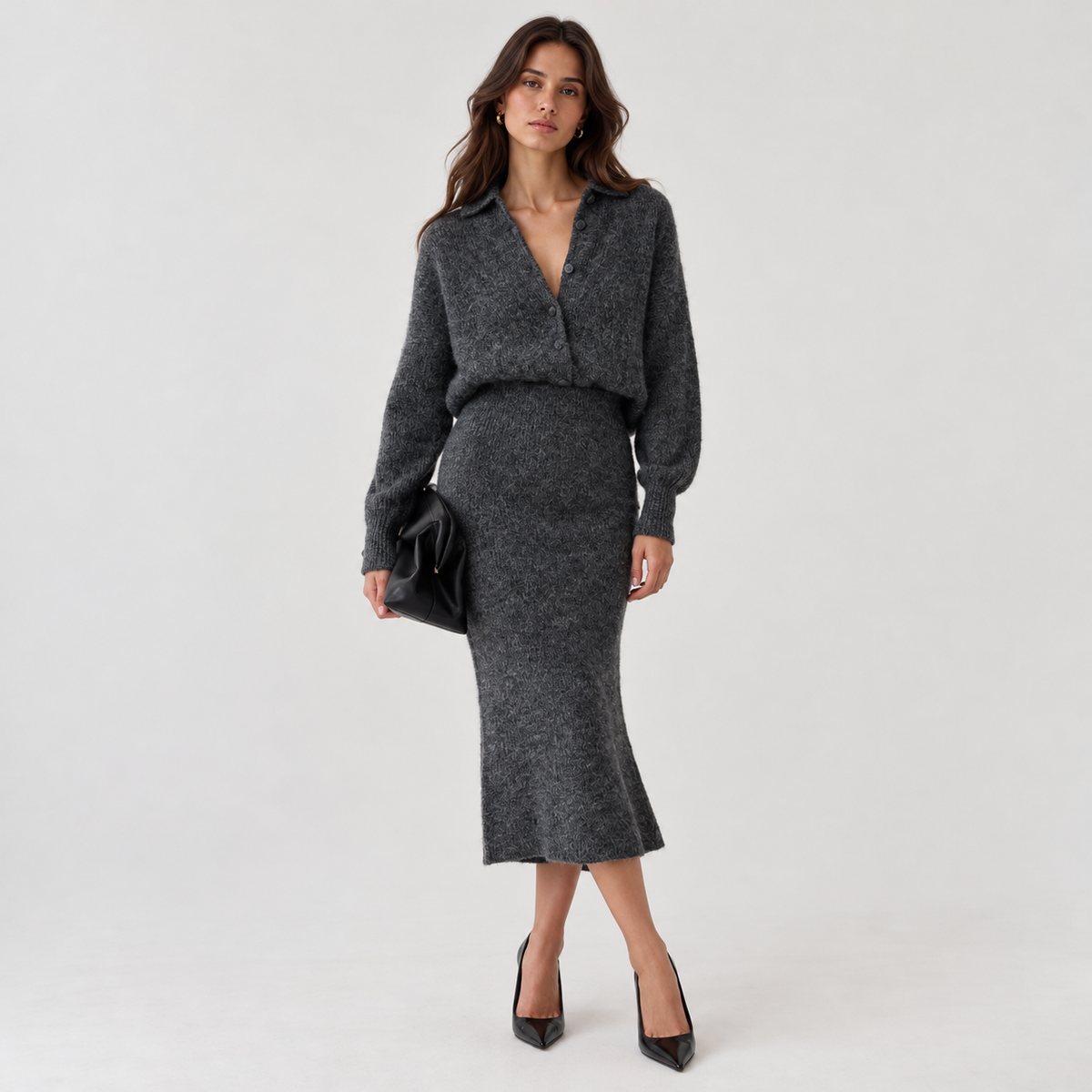 Charcoal collared knit midi sweater dress – front view