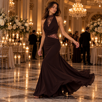Chocolate brown lace halter maxi dress – at an evening event