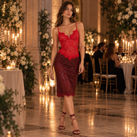 Red lace and burgundy sequin midi dress – at an evening event