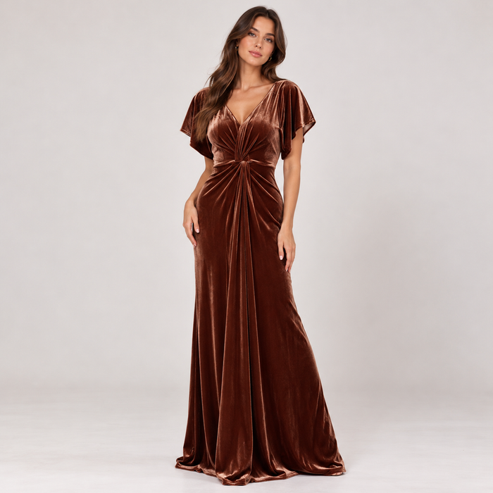 Chocolate Velvet Maxi Dress with Flutter Sleeves