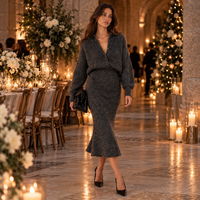 Charcoal collared knit midi sweater dress – at an evening event
