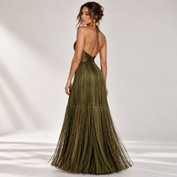 Olive green fringe halter maxi dress – back view