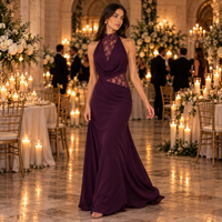 Plum lace halter maxi dress – styled at a party