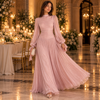 Blush Pink Chiffon Maxi Dress with Sheer Long Sleeves – Pleated Mock Neck Evening Gown