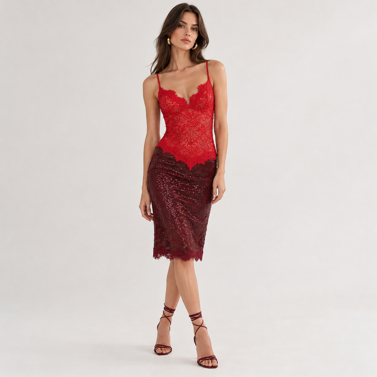 Red lace and burgundy sequin midi dress – front view