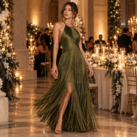 Olive green fringe halter maxi dress – styled at a party