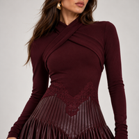 Burgundy Long Sleeve Maxi Dress with Faux Leather Pleated Skirt – Wrap Neck Evening Gown