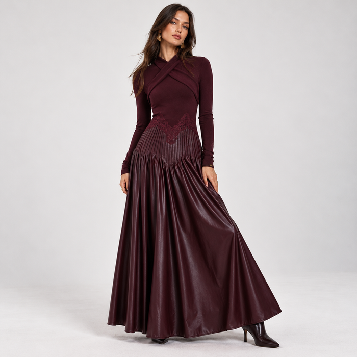 Burgundy Long Sleeve Maxi Dress with Faux Leather Pleated Skirt – Wrap Neck Evening Gown