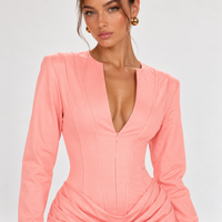 Coral Pink Long Sleeve Mini Dress with Plunge V-Neck – view 3