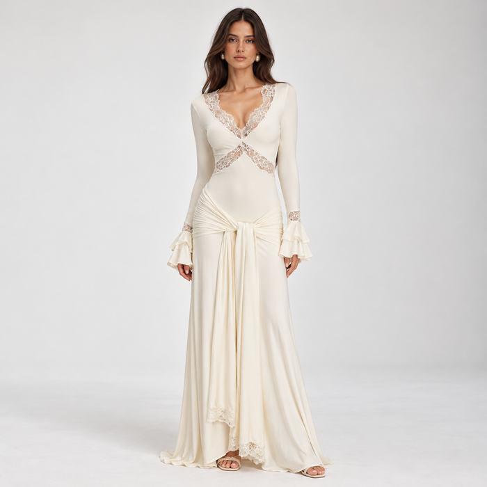 Ivory lace trim long sleeve maxi dress – front view