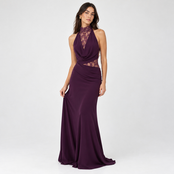 Plum lace halter maxi dress – front view