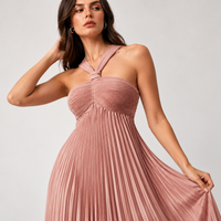 Dusty Rose Pleated Halter Maxi Dress – Flowy Open Back Wedding Guest Gown