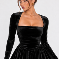 Black Velvet Long Sleeve Mini Dress with Square Neck – view 3