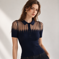 Navy sheer yoke ribbed knit polo top – front view