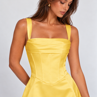 Lemon yellow satin corset mini dress – close-up detail
