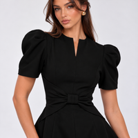 Black Puff Sleeve Mini Dress with Bow Waist – view 3