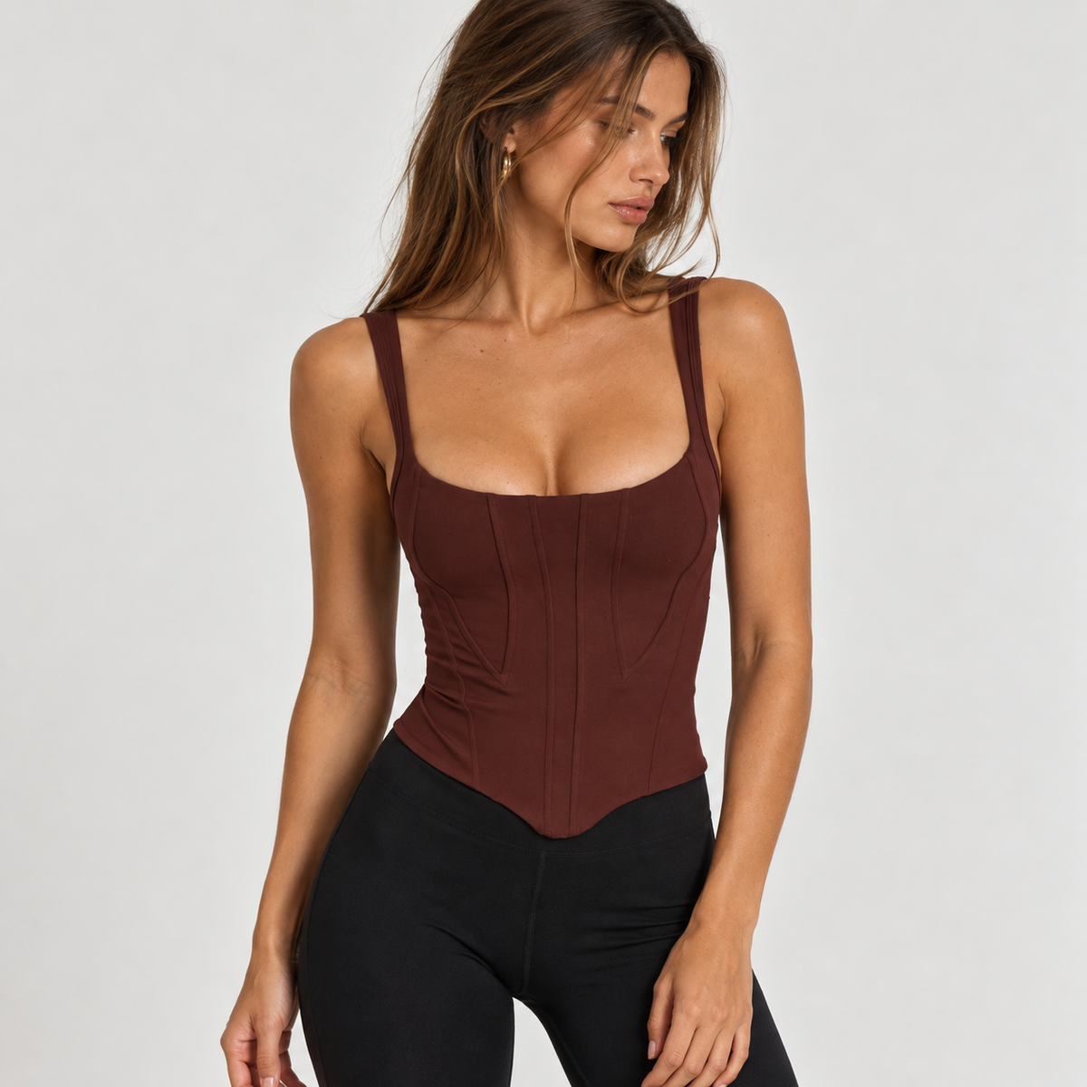 Chocolate brown square neck bustier top – front view