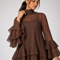 Brown Chiffon Ruffle Mini Dress with Bell Sleeves – Mock Neck Tiered Swing Dress