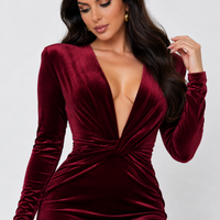 Burgundy Velvet Plunge Mini Dress with Long Sleeves – view 4