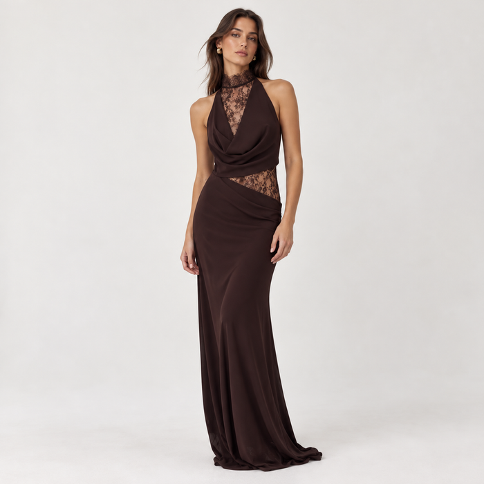 Chocolate brown lace halter maxi dress – front view