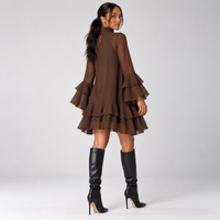 Brown Chiffon Ruffle Mini Dress with Bell Sleeves – Mock Neck Tiered Swing Dress