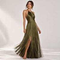 Olive green fringe halter maxi dress – front view