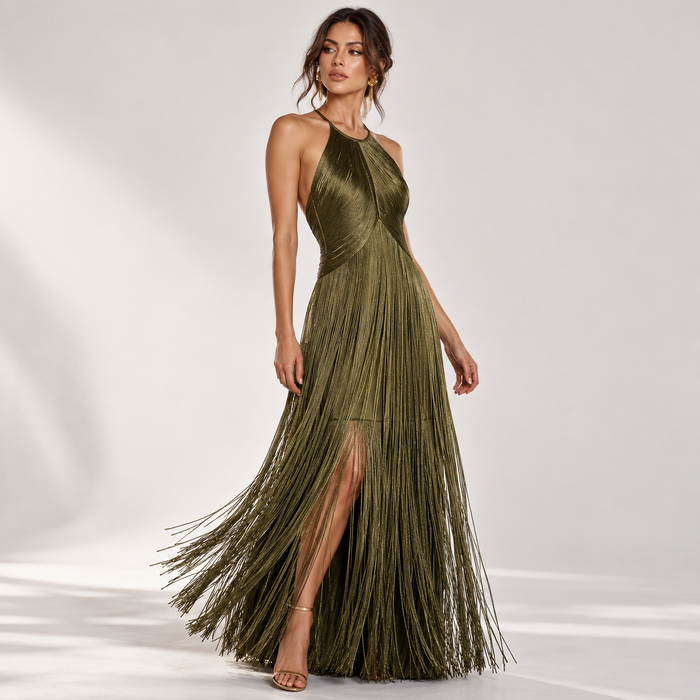 Olive green fringe halter maxi dress – front view