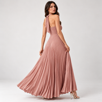 Dusty Rose Pleated Halter Maxi Dress – Flowy Open Back Wedding Guest Gown