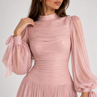 Blush Pink Chiffon Maxi Dress with Sheer Long Sleeves – Pleated Mock Neck Evening Gown