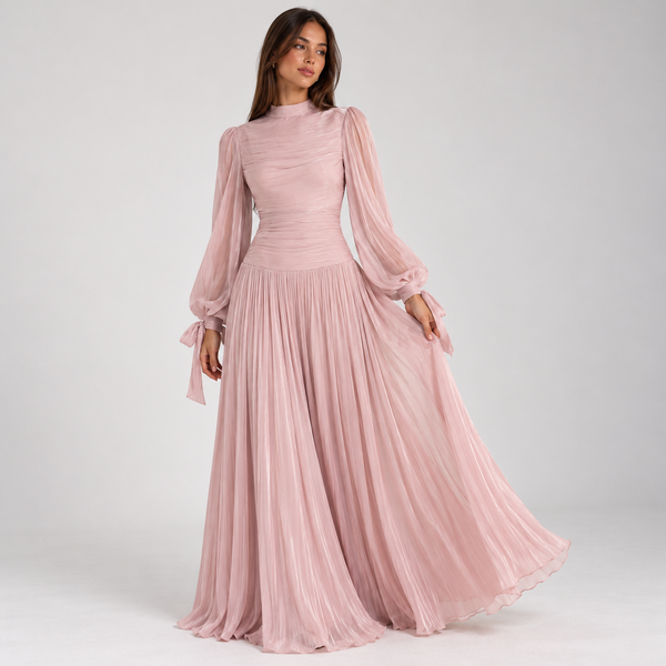Blush Pink Chiffon Maxi Dress with Sheer Long Sleeves – Pleated Mock Neck Evening Gown