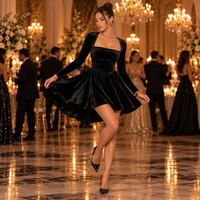 Black Velvet Long Sleeve Mini Dress with Square Neck – view 4