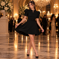 Black Puff Sleeve Mini Dress with Bow Waist – view 4