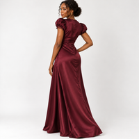 Plum Satin Maxi Dress with Short Sleeves & Lace Trim – Elegant Wedding Guest Dress