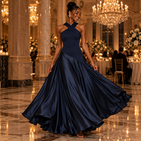 Navy Halter Maxi Dress with Ruched High Waist – Criss-Cross A-Line Evening Gown