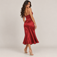 Red Satin Midi Dress with V-Notch Bust – Spaghetti Strap Bias-Cut Holiday Dress