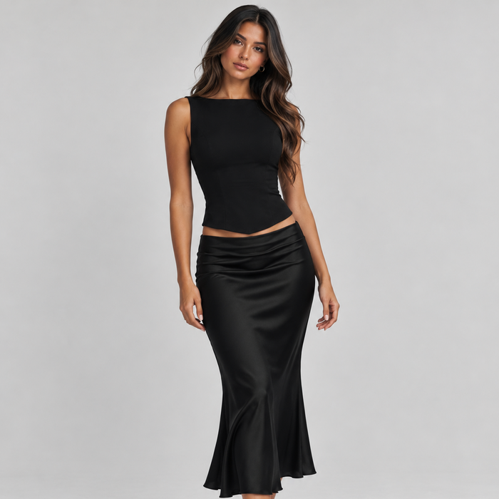 Black Boat Neck Fitted Top – Sleeveless Corset Seam Going Out Top