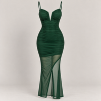 Ruched Mesh V-Wire Midi Dress with Sheer Split Hem – Spaghetti Strap Bodycon Party Dress