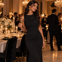 Sleeveless Draped Maxi Dress with Boat Neck & Open Back – Ruched Bodycon Evening Gown